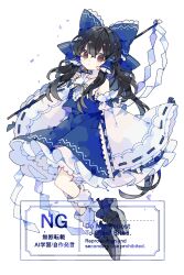 Rule 34 | 1girl, absurdres, bare shoulders, black hair, black shoes, blue bow, bow, brown eyes, chest sarashi, closed mouth, collared shirt, commentary, crossed bangs, detached sleeves, frilled bow, frilled skirt, frills, full body, gohei, hair between eyes, hair bow, hair tubes, hakurei reimu, hand up, highres, holding, holding gohei, long hair, looking at viewer, nikorashi-ka, red shirt, red skirt, ribbon-trimmed sleeves, ribbon trim, sarashi, shirt, shoes, simple background, skirt, skirt set, sleeveless, sleeveless shirt, sleeves past wrists, socks, solo, touhou, watermark, white background, white sleeves, white socks
