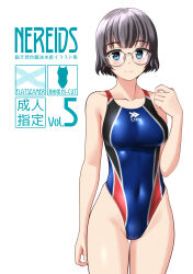 1girl absurdres arm_at_side black_hair blue_eyes blue_one-piece_swimsuit breasts commentary_request competition_swimsuit covered_navel glasses highleg highleg_one-piece_swimsuit highres looking_at_viewer medium_breasts multicolored_swimsuit one-piece_swimsuit original short_hair solo standing swimsuit takafumi thigh_gap translation_request white_background