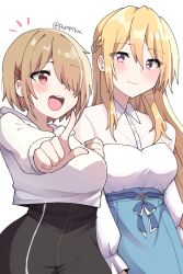 2girls blonde_hair hair_between_eyes hair_ornament hair_over_one_eye hairclip heaven_burns_red highres kayamori_ruka long_hair multiple_girls puyopiku red_eyes shirakawa_yuina shirt short_hair sidelocks white_shirt yuri