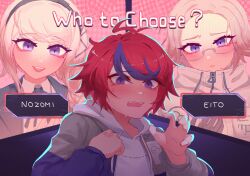 Rule 34 | 1girl, 2boys, absurdres, ahoge, aotsuki eito, bed sheet, bisexual male, blue eyes, blue hair, breasts, closed mouth, english text, highres, hood, hoodie, kirifuji nozomi, long hair, medium breasts, messy hair, multicolored eyes, multiple boys, open mouth, red eyes, red hair, simple background, sumino takumi, teeth, the hundred line -last defense academy-, upper teeth only, white background, white hair