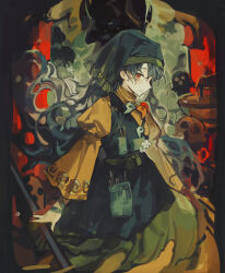 Rule 34 | 1girl, absurdres, apron, blue hair, commentary request, cowboy shot, dress, flower, green apron, green headscarf, green scarf, haniyasushin keiki, headscarf, highres, jewelry, long hair, looking at viewer, magatama, magatama necklace, necklace, pliers, puffy sleeves, red eyes, scarf, single strap, solo, tools, touhou, user wndh2753, white flower, wide sleeves, yellow dress, yellow sleeves