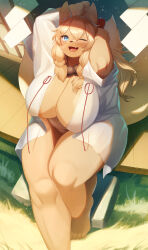 animal_ears arms_up barefoot bead_necklace beads blonde_hair blue_eyes blush bow breasts commission fang feet fox_ears fox_girl fox_tail from_above furry furry_female grass hair_bow highres huge_breasts jewelry light_particles long_hair looking_at_viewer multiple_tails naked_shirt necklace one_eye_closed open_clothes open_mouth open_shirt original plump porch prayer_beads red_bow see-through_clothes see-through_shirt shirt sidelocks sitting skeb_commission tail wide_hips yurari_yr
