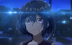 17sai 1girl black_hair blurry blurry_background closed_mouth commentary_request depth_of_field double-parted_bangs expressionless film_grain grey_eyes hair_between_eyes highres long_bangs looking_at_viewer night original outdoors portrait short_hair solo water_drop wet wet_hair