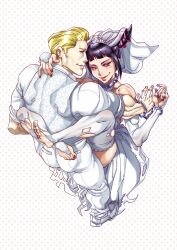 1boy 1girl aarokira absurdres blonde_hair carrying carrying_person cody_travers collar cuffs detached_sleeves dress formal_clothes han_juri handcuffs hetero highres https://www.aarokira.com/posters hug jacket looking_at_viewer looking_back muscular muscular_male non-web_source red_nails smile spiked_collar spikes street_fighter street_fighter_v suit toned toned_female torn_clothes veil vest wedding_dress wedding_suit white_jacket white_vest