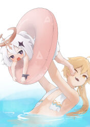 Rule 34 | 1boy, 1girl, aether (genshin impact), arms up, barefoot, blonde hair, blush, commentary request, earrings, facing viewer, from side, genshin impact, hair ornament, halo, highres, in water, innertube, jewelry, kicking, lifting person, open mouth, paimon (genshin impact), simple background, single earring, so (user jkaz7455), standing, star (symbol), star hair ornament, swim ring, swimsuit, teeth, towel, towel around neck, upper teeth only, wading, water, white hair, yellow eyes