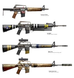 absurdres assault_rifle asterozoa carbine commentary concept_art english_commentary english_text fallout fallout:_new_vegas grenade_launcher gun highres latin_text no_humans rifle scope service_weapon simple_background suppressor underbarrel_grenade_launcher weapon weapon_focus white_background