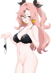 1girl absurdres artist_name bare_shoulders bespectacled black_bra black_panties black_ribbon blush bottomless bow bow_bra bra breasts collarbone commentary cowboy_shot earrings english_commentary glasses green_eyes hair_ornament hair_ribbon hairclip hand_up heart heart_earrings highres holding holding_panties holding_underwear holding_unworn_clothes jewelry lace lace_bra large_breasts large_variant_set long_hair looking_at_viewer mole mole_on_breast mole_on_thigh mole_under_eye multicolored_nails multiple_moles nail_polish navel nicole_demara no_shirt open_mouth panties penguin_uwu pink_hair pink_nails purple_nails pussy ribbon simple_background smile solo stomach twintails uncensored underwear unworn_panties variant_set white_background yellow_nails zenless_zone_zero