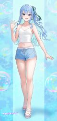 1girl :d absurdres alternate_costume bare_legs blue_eyes blue_hair blue_nails bow bow_earrings breasts bubble_background camisole cleavage collarbone commentary dolphin_shorts drawstring earrings feet full_body hair_ribbon hand_up highres hololive hoshimachi_suisei jewelry legs nail_polish navel one_side_up open_hand open_mouth revision ribbon sandals shorts small_breasts smile solo star_(symbol) star_in_eye stomach symbol_in_eye thighs toenail_polish toenails toes virtual_youtuber wajuniorbox wavy_hair white_camisole