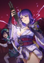 Rule 34 | 1boy, 1girl, absurdres, braid, breasts, bridal gauntlets, cape, cleavage, collared cape, dual-mode shotgun, elbow gloves, electricity, flower, genshin impact, gloves, gradient hair, green cape, green headwear, gun, hat, hat flower, highres, human scabbard, japanese clothes, kimono, large breasts, long hair, low-braided long hair, low-tied long hair, medium breasts, mole, mole under eye, multicolored hair, obiage, obijime, pump-action shotgun, pump action, purple eyes, purple kimono, purple nails, raiden shogun, sash, semi-automatic shotgun, short hair with long locks, shotgun, spas-12, turoboto, twin braids, venti (genshin impact), very long hair, weapon, white flower