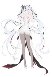 1girl absurdres alternate_costume bare_shoulders black_eyes black_flower breasts camellya_(wuthering_waves) dress flower full_body grey_pantyhose hair_between_eyes hair_flower hair_ornament hand_on_own_hip high_heels highres large_breasts long_hair looking_at_viewer pantyhose parted_lips red_pupils simple_background sketch smile solo twintails very_long_hair white_background white_dress white_hair wuthering_waves youngjoo_kjy