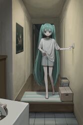 1girl aqua_eyes aqua_hair artist_self-reference barefoot blush commentary_request floor_tiles full_body grey_shorts hair_between_eyes hatsune_miku highres indoors long_hair open_mouth sakiika0513 shirt shorts solo standing twintails very_long_hair vocaloid white_shirt wooden_floor