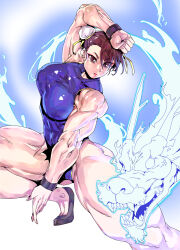 Rule 34 | 1girl, abs, alternate muscle size, biceps, blue bodysuit, blue unitard, bodysuit, bracelet, breasts, brown eyes, brown hair, bun cover, capcom, chun-li, covered abs, double bun, dragon, dragon horns, eastern dragon, eastern dragon horns, fighting stance, flats, flexing, hair bun, highres, horns, invisible floor, jewelry, large breasts, minew, muscular, muscular arms, muscular female, muscular legs, obliques, red lips, skin tight, sleeveless, sleeveless bodysuit, slip-on shoes, solo, spandex, street fighter, thighs, unitard