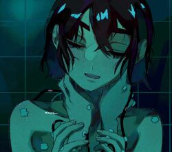 2girls alien_stage black_hair closed_eyes commentary dark english_commentary hands_on_another&#039;s_neck highres holding_another&#039;s_wrists misakibee mizi_(alien_stage) multiple_girls open_mouth short_hair signature solo_focus sua_(alien_stage) tile_wall tiles
