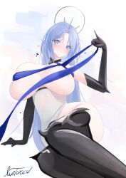 1girl absurdres alsace_(azur_lane) areola_slip armored_boots azur_lane black_boots black_gloves blue_eyes blue_hair blush boots breast_ribbon breasts dress gloves hand_up highres huge_breasts livetarica long_hair parted_bangs parted_lips revealing_clothes short_dress signature sketch solo very_long_hair white_dress
