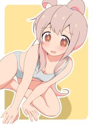 1girl ahoge bare_arms bare_legs bare_shoulders barefoot border bra breasts brown_eyes commentary grey_bra grey_panties highres light_blush long_hair looking_at_viewer onii-chan_wa_oshimai! open_mouth outline outside_border oyama_mahiro panties pink_hair ponytail simple_background sitting small_breasts smile solo underwear underwear_only unkimo very_long_hair white_border white_outline yellow_background