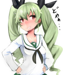 10s 1girl alternate_costume anchovy_(girls_und_panzer) blush drill_hair female_focus girls_und_panzer green_hair grin hair_ribbon hands_on_own_hips highres muoto ooarai_school_uniform red_eyes ribbon school_uniform serafuku smile solo standing twin_drills upper_body