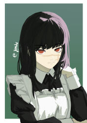 1girl absurdres alternate_costume apron black_dress black_hair chainsaw_man dress enmaided facial_scar highres joadv long_hair maid maid_apron red_eyes ringed_eyes scar scar_on_cheek scar_on_face scar_on_nose solo white_apron yoru_(chainsaw_man)