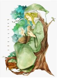 1boy blonde_hair closed_eyes green_hat green_robe harp hat in_tree instrument leaf male_focus music n8n2n original playing_instrument profile robe sitting solo tree wide_sleeves