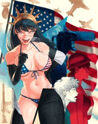 aircraft airplane american_flag american_flag_bikini american_flag_print assault_rifle bikini black_hair breasts chainsaw_man crown denji_(chainsaw_man) flag_print flag_print_bikini gentoz gun helmet i_want_you large_breasts mitaka_asa nuclear_weapon open_mouth print_bikini rifle scar scar_on_face statue_of_liberty sweat swimsuit weapon yellow_eyes yoru_(chainsaw_man)