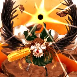Rule 34 | 1girl, arm cannon, black socks, black sun, black wings, bow, breasts, brown hair, cape, collared shirt, commentary request, control rod (touhou), feathered wings, floating rock, frilled shirt, frilled shirt collar, frills, full body, green bow, green shoes, green skirt, hair bow, highres, large breasts, long hair, open mouth, orange background, pointing, pointing up, red eyes, reiuji utsuho, sera (hitsuji to kitsune), shirt, shoes, skirt, socks, solo, sun, third eye, touhou, weapon, white cape, white shirt, wings