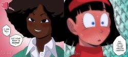 2girls acelewdarts afro blue_eyes blush dark-skinned_female dark_skin dragon_ball dragonball_z dress english_text flirting flustered hairband heart janet_(dragon_ball) multiple_girls nervous_sweating parent:11857624 shocked_pupils smile speech_bubble sweat sweater videl yuri