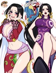 1girl black_hair blue_eyes blush blushyspicy boa_hancock breasts cleavage commentary crop_top dress earrings english_commentary epaulettes hands_on_own_cheeks hands_on_own_face heart highres image_in_speech_bubble jewelry large_breasts long_hair looking_at_viewer monkey_d._luffy multiple_views navel one_piece open_mouth purple_dress salome_(one_piece) snake_earrings speech_bubble very_long_hair
