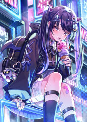 1girl absurdres backpack bag bag_charm bandaged_leg bandages black_hair black_shirt black_socks blue_nails blue_ribbon character_charm character_hair_ornament charm_(object) collared_shirt commentary_request contrast_collar crescent crescent_hair_ornament crossed_legs fang feet_out_of_frame food frilled_shirt_collar frills hair_ornament highres holding holding_food holding_ice_cream ice_cream jirai_kei kirby_(series) letter_hair_ornament long_hair long_sleeves looking_at_viewer meta_knight multicolored_hair multiple_scoops nail_polish nintendo open_mouth original puffy_long_sleeves puffy_sleeves purple_eyes purple_hair ribbon shirt sitting skin_fang sleeve_ribbon socks solo suzaku_(zaku6584) tongue tongue_out twintails two-tone_hair