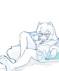 Rule 34 | 1girl, :&lt;, alternate eyewear, animal ears, arctic fox (kemono friends), blue bow, blue bowtie, blue skirt, blush, book, bow, bowtie, capelet, coat, fox ears, fox girl, fox tail, fur collar, fur trim, glasses, hair between eyes, highres, kemono friends, long hair, long sleeves, lying, nenkou-san, no shoes, pantyhose, pleated skirt, reading, sidelocks, skirt, solo, tail, translation request, white capelet, white coat, white fur, white hair, white pantyhose, winter clothes, winter coat, yellow eyes