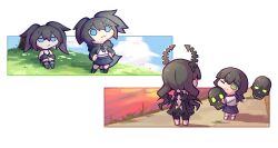 black_dress black_hair black_rock_shooter black_rock_shooter_(character) blue_eyes chibi coat dead_master dress floating_skull friends green_eyes highres horns kuroi_mato long_hair mehyuew39 multiple_girls school_uniform serafuku short_twintails skull takanashi_yomi twintails uneven_twintails