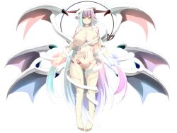 1girl barefoot black_horns breasts closed_mouth completely_nude demon_girl demon_tail demon_wings expressionless feet full-body_tattoo game_cg glowing_tattoo gradient_hair heart heart_tattoo horns large_breasts large_variant_set long_horns minagi_(mon-musu_quest!) mon-musu_quest! mon-musu_quest:_paradox multicolored_hair multicolored_horns multicolored_wings multiple_wings navel nipples non-web_source nose nude purple_hair red_eyes red_horns shiki_(psychedelic_g2) solo standing tail tattoo two-tone_horns variant_set white_wings wings