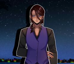 1boy black_button-up blue_eyes braid brown_hair brown_loafers college_student dark_blue_vest dark_skin gelbooru_compliant he/him highres jericho_ichabod_(the_kid_at_the_back) long_hair looking_at_viewer loose_strands pants portrait serious_expression solo the_kid_at_the_back