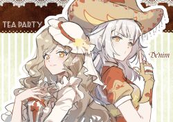 Rule 34 | 2girls, adventure ride (infinity nikki), back-to-back, blowing, bow, bow button, bowtie, brown gloves, brown hair, brown hat, brown vest, cat princess, center frills, chinese commentary, choker, closed mouth, commentary request, cowboy hat, cowgirl (western), dream banquet (infinity nikki), dress, english text, eyelashes, finger gun, fingerless gloves, fingernails, flower, formal clothes, frilled dress, frilled headwear, frilled sleeves, frills, fringe trim, gloves, green background, hand on own chest, hat, hat flower, height difference, infinity nikki, lace, light blush, lips, long hair, long sleeves, looking at viewer, making-of available, mini hat, multiple girls, nikki (series), o3o, outline, pink lips, puffy short sleeves, puffy sleeves, red bow, red bowtie, red shirt, shirt, short sleeves, sidelocks, smile, star (symbol), star print, striped background, swept bangs, three-quarter sleeves, upper body, veil, vertical-striped background, very long hair, vest, wavy hair, white choker, white dress, white hair, white hat, white outline, white veil, yellow eyes, yellow flower