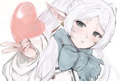 1girl blowing_kiss blue_scarf blush double-parted_bangs earrings elf frieren green_eyes heart highres jacket jewelry long_hair looking_at_viewer moku_(muooku) parted_lips pointy_ears scarf sidelocks solo sousou_no_frieren twintails upper_body w white_hair white_jacket