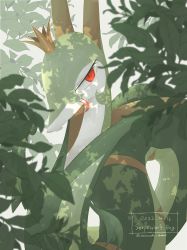 animal_focus artist_name blurry blurry_foreground character_name clothed_pokemon crown dappled_sunlight dated english_text forked_tongue gen_5_pokemon green_theme half-closed_eyes highres lemonade_kokoi looking_at_viewer mini_crown nintendo no_humans plant pokemon pokemon_(creature) red_eyes serperior signature slit_pupils solo sunlight tongue tongue_out twitter_username yellow_headwear