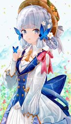 1girl absurdres ahoge aiu_. aqua_eyes aqua_hair ayaka_(genshin_impact) blue_dress blunt_bangs blush braid breasts brown_hat butterfly_hair_ornament dress flower genshin_impact hair_flower hair_ornament hat hat_flower highres kamisato_ayaka kamisato_ayaka_(springbloom_missive) long_hair long_sleeves medium_breasts official_alternate_costume official_alternate_hairstyle open_mouth solo twin_braids white_flower
