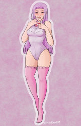 Rule 34 | 1girl, blunt bangs, breasts, covered navel, curvy, female focus, full body, highres, large breasts, long hair, looking at viewer, melascula, multicolored eyes, nanatsu no taizai, pink thighhighs, purple hair, smile, smug, solo, thighhighs, tongue, tongue out