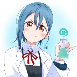 1girl blue_hair blush bow bowtie coat commentary dress earrings erlenmeyer_flask flask gradient_background grey_dress hair_between_eyes hand_up hashtag-only_commentary highres holding holding_flask jewelry lab_coat long_sleeves looking_at_viewer love_live! love_live!_superstar!! radial_gradient_background red_bow red_bowtie red_eyes revision shirt single_sidelock smile smoke solo stud_earrings upper_body v-shaped_eyebrows wakana_shiki white_background white_coat white_shirt wing_collar zero-theme