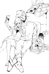 1boy 1girl arms_(game) eye_mask highres hood hoodie kakiyakee_(k_key_5) long_hair lying monochrome pants ribbon_girl_(arms) selfie shorts sleeping socks spring_man_(arms) v