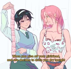 2girls alien_stage animal_print aqua_necktie black_hair blue_vest breasts cleavage collared_shirt commentary condom crop_top earrings english_commentary english_text hairband highres holding holding_condom implied_futanari jewelry large_breasts leopard_print long_hair long_sleeves mizi_(alien_stage) multiple_girls necktie pearl_earrings pink_hair purple_eyes shirt short_hair sitting smile sua_(alien_stage) sweat tank_top the_quipper vest white_hairband white_shirt white_tank_top yellow_eyes yuri