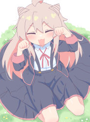 1girl :3 :d ^_^ absurdres achat ahoge bare_legs black_jacket black_skirt blush circle_skirt closed_eyes colored_inner_hair commentary cone_hair_bun facing_viewer fang grass grey_hair hair_between_eyes hair_bun hands_up highres jacket multicolored_hair neck_ribbon on_grass onii-chan_wa_oshimai! open_clothes open_jacket open_mouth oyama_mahiro paw_pose pink_hair ribbon school_uniform shirt sitting skirt smile solo suspender_skirt suspenders two-tone_hair white_ribbon white_shirt wing_collar