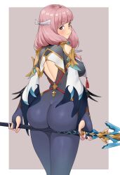 1girl :3 absurdres alternate_costume archived_source ass ass_support back_cutout black_bodysuit black_gloves blunt_bangs blush bodysuit breasts brown_eyes closed_mouth clothing_cutout commission fire_emblem fire_emblem_fates gloves hair_ribbon highres hime_cut holding holding_polearm holding_weapon igni_tion long_hair looking_back medium_breasts mitama_(fire_emblem) nintendo partially_fingerless_gloves pink_hair polearm ribbon simple_background smile solo spear standing star-shaped_pupils star_(symbol) symbol-shaped_pupils weapon white_ribbon