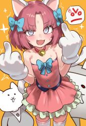 1girl :3 @_@ ^^^ absurdres anger_vein animal_ears bare_shoulders bell blue_eyes blush cat_ears cat_girl cat_tail collar collarbone commentary cowboy_shot double_middle_finger ebora english_commentary fang flat_chest gloves highres looking_at_viewer middle_finger moneko_(nyanko_daisensou) neck_bell nyanko_daisensou open_mouth parted_bangs pink_hair pink_shirt pink_skirt shirt short_hair simple_background skirt smile solo sparkle speech_bubble standing strapless strapless_shirt sweat tail thighhighs white_gloves white_thighhighs yellow_background