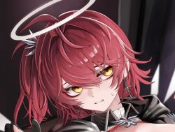 1girl 1other arknights artist_name black_gloves black_jacket breasts commentary cross cross_earrings doctor_(arknights) earrings energy_wings exusiai_(arknights) exusiai_the_new_covenant_(arknights) fingerless_gloves gloves halo highres holding_another&#039;s_wrist holding_hands hood hood_down hooded_jacket jacket jewelry medium_breasts mildt no_panties one_side_up open_clothes open_jacket paid_reward_available pelvic_curtain red_hair sweat thighhighs thighs three-quarter_sleeves traditional_halo white_halo white_thighhighs yellow_eyes