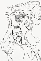 Rule 34 | 2022, 2boys, arm hair, bara, billy russell (dickfish), blue eyes, blue shirt, casual, couple, dickfish (fishismdick), dickfish (fishismdick)dickfish (fishismdick), facial hair, glasses, greyscale, grin, hand up, highres, john rottweil (dickfish), large pectorals, looking at viewer, male focus, mature male, monochrome, multiple boys, muscular, muscular male, mustache, new year, original, pectorals, scan, shirt, short hair, sideburns, sketch, smile, thick eyebrows, traditional media, undercut, v, yaoi