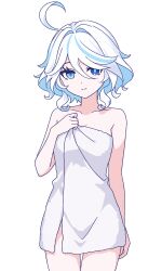 1girl ahoge blue_eyes blue_hair breasts closed_mouth collarbone commentary cowboy_shot drop-shaped_pupils english_commentary furina_(genshin_impact) genshin_impact heterochromia highres large_breasts long_hair looking_at_viewer multicolored_hair naked_towel orange_eyes prickly-chan_(ycactussprout) small_breasts solo streaked_hair symbol-shaped_pupils towel two-tone_hair white_hair