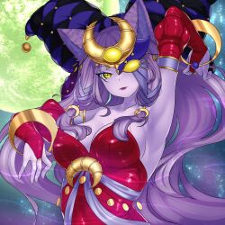 1girl animal_ears armpits bare_shoulders breasts bridal_gauntlets character_request cleavage colored_skin duel_monster full_moon half_mask highres large_breasts long_hair looking_at_viewer mask moon purple_hair purple_skin ray_co99 red_bridal_gauntlets slit_pupils solo strapless upper_body yellow_eyes yu-gi-oh!