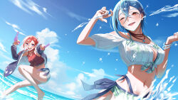 2girls absurdres bare_legs bikini blue_eyes blue_hair blue_jacket blue_sky bracelet breasts brown_eyes cleavage cloud commentary_request flower green_bikini hair_bun hair_flower hair_ornament hand_up highres holding holding_water_gun idobata jacket jewelry love_live! love_live!_superstar!! medium_breasts multiple_girls navel necklace one_eye_closed open_mouth outdoors pearl_bracelet red_bikini red_hair sky smile sparkle swimsuit wakana_shiki water water_drop water_gun yoneme_mei