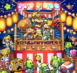 3girls 6+boys absurdres alternate_costume beanish_(mario) beanstar blonde_hair boo_(mario) bowser bracelet brock_(mario) broque_monsieur brothers brown_hair closed_eyes clothing_request colored_skin connie_(mario) drum earrings egg everyone facial_hair fava_(mario) festival glasses gloves green_skin highres holding holding_microphone horns instrument japanese_clothes jewelry kimono lantern long_hair luigi mario mario_&amp;_luigi:_bowser&#039;s_inside_story mario_&amp;_luigi:_brothership mario_&amp;_luigi:_paper_jam mario_&amp;_luigi:_partners_in_time mario_&amp;_luigi:_superstar_saga mario_&amp;_luigi_rpg mario_(series) masanori_sato_(style) mask microphone multiple_boys multiple_girls mustache night nintendo one_eye_closed open_mouth outdoors paper_lantern ponytail prince_dreambert prince_peasley princess_peach princess_peach_(yukata)_(super_mario_odyssey) print_kimono red_hair red_toad_(mario) round_eyewear sandals short_hair siblings snoutlet_(mario) sphere_earrings spiked_bracelet spikes starlow stuffwell super_mario_odyssey super_star_(mario) toad_(mario) toadette white_gloves white_hair white_kimono ya_mari_6363 yoshi yoshi_egg