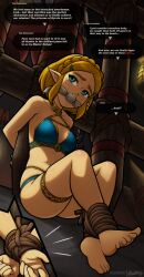 Rule 34 | 1girl, absurdres, bare shoulders, barefoot, bdsm, blonde hair, blue eyes, bondage, bound, bound ankles, bound wrists, bra, breasts, cleavage, cleave gag, cloth gag, collarbone, gag, gagged, hair ornament, hairclip, highres, improvised gag, kidnapped, legs, magnolia-baillon, nintendo, panties, princess zelda, sweat, the legend of zelda, the legend of zelda: tears of the kingdom, thighs, underwear