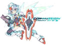 Rule 34 | absurdres, armor, artist name, asymmetrical dual wielding, black leotard, character request, commission, copyright request, dual wielding, forehead jewel, full body, green eyes, grey hair, gun, highres, holding, holding gun, holding shield, holding weapon, iikoao, leotard, original, shield, short hair, simple background, solo, weapon, white armor, white background